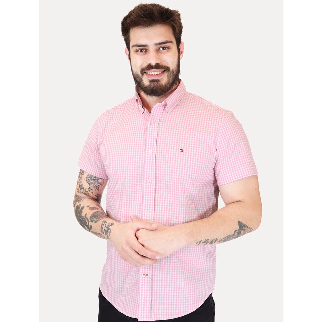 CAMISA XADREZ MANGA CURTA TOMMY HILFIGER MASCULINO REGULAR FIT COR ROSA E BRANCO