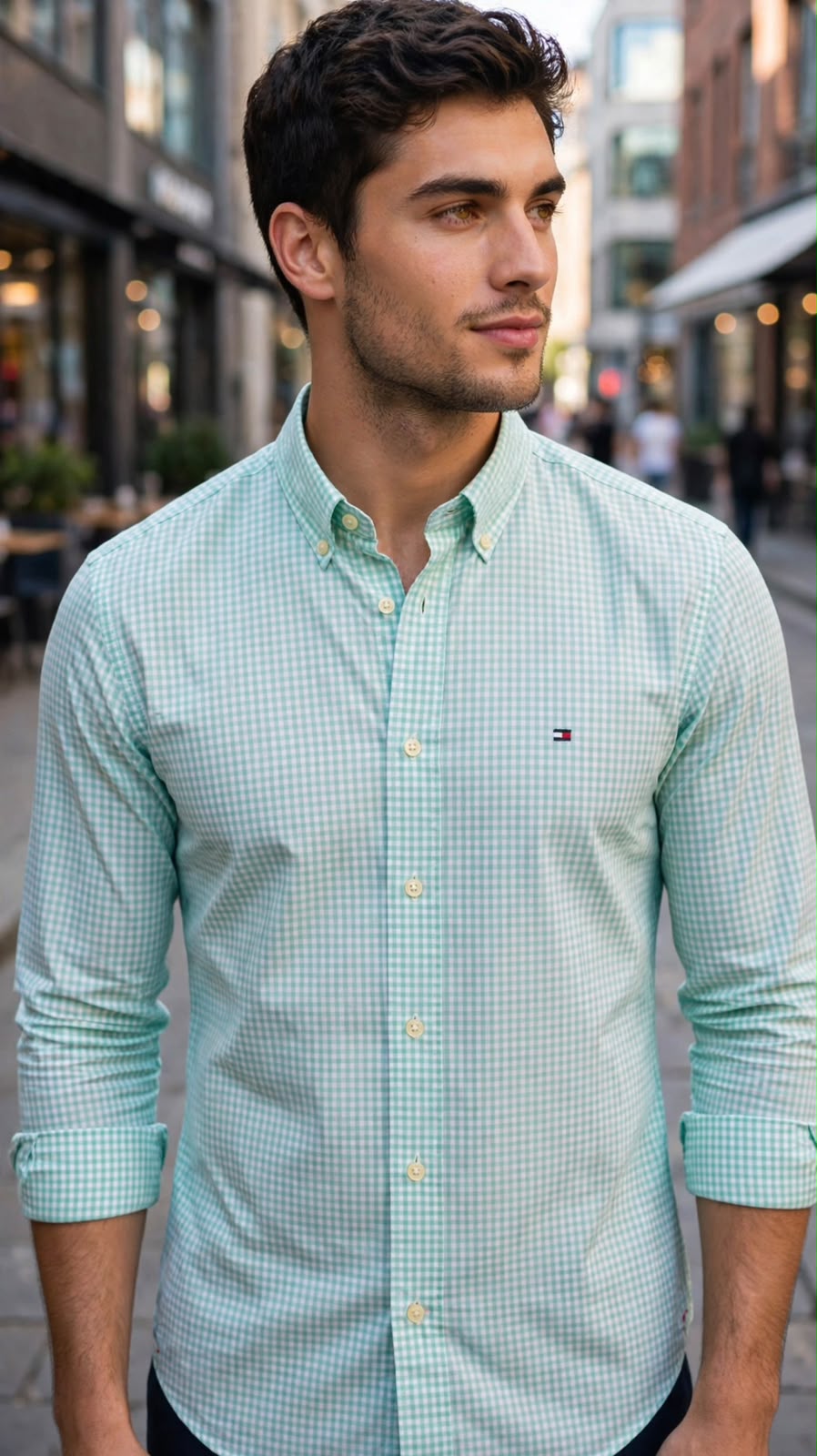 CAMISA XADREZ MANGA LONGA TOMMY HILFIGER MASCULINO REGULAR FIT COR VERDE-CLARO
