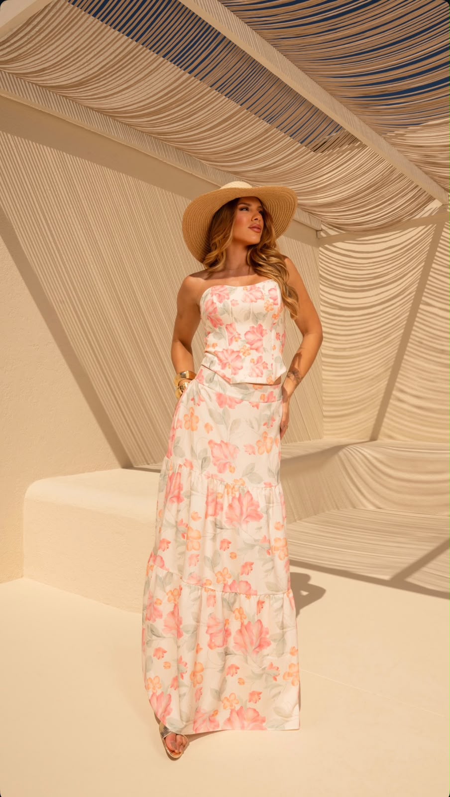 CONJUNTO DE SAIA LONGA ESTAMPADO FEMININO