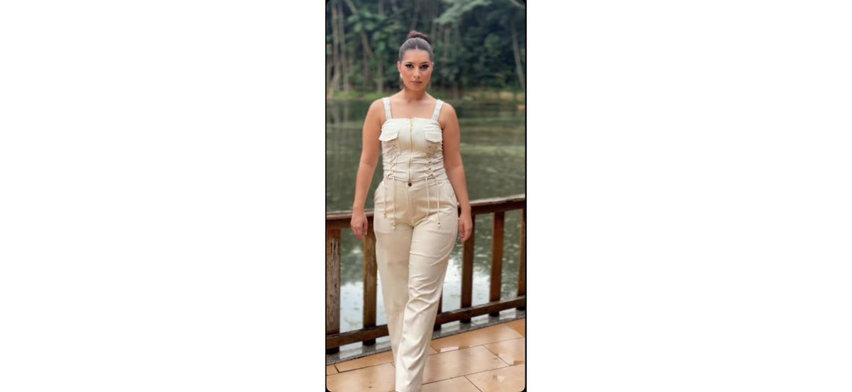Conunto De Calça Cor Of-White Com Detalhes Azul Marinho Feminino Valentina Ferreira