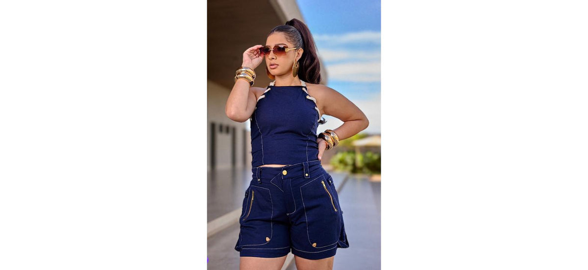 Conjunto De Shorts Cor Azul Marinho Feminino Valentina Ferreira
